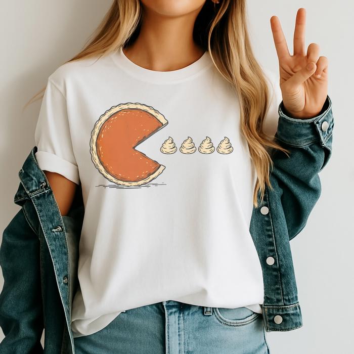Thanksgiving Pie Chasing Whip Cream Graphic Tee – Funny Pumpkin Pie Shirt, Cute Fall Humor Top, Retro Thanksgiving Dinner Outfit for Women