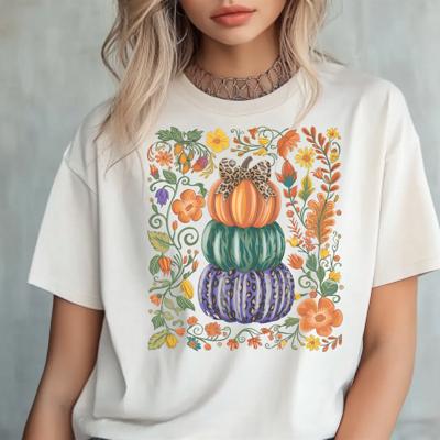 Leopard Pumpkin Trio Fall Graphic Tee – Boho Autumn Floral Shirt, Trendy Stacked Pumpkins Top, Cute Thanksgiving Outfit for Women