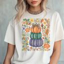  Leopard Pumpkin Trio Fall Graphic Tee – Boho Autumn Floral Shirt, Trendy Stacked Pumpkins Top, Cute Thanksgiving Outfit for Women