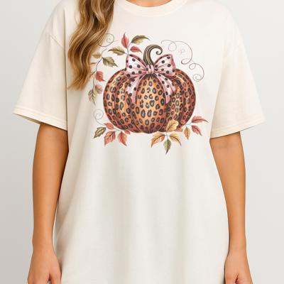 Leopard Print Pumpkin Graphic Tee – Fall Bow Pumpkin Shirt, Trendy Autumn Leopard Top, Cute Thanksgiving Outfit for Women
