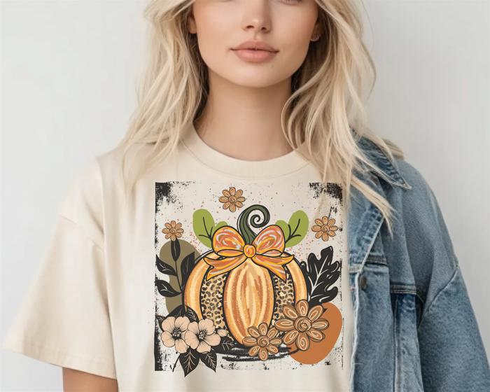 Floral Leopard Pumpkin Fall Graphic Tee – Vintage Boho Autumn Top, Trendy Thanksgiving Shirt, Cozy Seasonal Outfit for Women