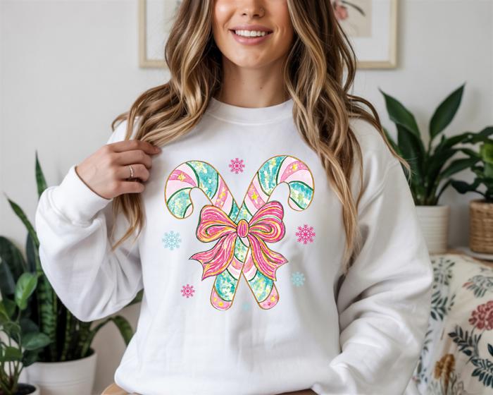 Colorful Christmas Candy Cane - Bright Coquette Holiday Crew Neck Sweatshirt, Pink Bow Festive Top, Cute Pastel Winter Shirt, Girly Christmas Gift