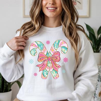 Colorful Christmas Candy Cane - Bright Coquette Holiday Crew Neck Sweatshirt, Pink Bow Festive Top, Cute Pastel Winter Shirt, Girly Christmas Gift