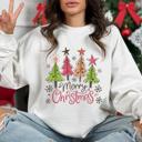  Merry Christmas with Christmas Tree - Colorful Holiday Crew Neck Sweatshirt, Cute Retro Festive Top, Cozy Winter Graphic Shirt, Christmas Gift for Her