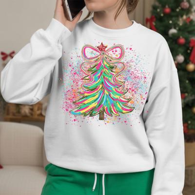 Colorful Coquette Christmas Tree - Bright Holiday Crew Neck Sweatshirt, Girly Bow Festive Top, Neon Splatter Winter Shirt, Fun Christmas Gift