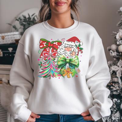 Preppy Santa Doodles with Christmas Tree - Colorful Coquette Crew Neck Sweatshirt, Cute Holiday Bow Top, Festive Gingerbread Graphic, Christmas Gift