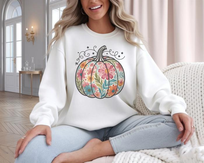 Pastel Floral Pumpkin - Boho Fall Crew Neck Sweatshirt, Cute Autumn Floral Top, Soft Cozy Harvest Shirt, Thanksgiving Outfit for Women