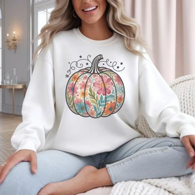 Pastel Floral Pumpkin - Boho Fall Crew Neck Sweatshirt, Cute Autumn Floral Top, Soft Cozy Harvest Shirt, Thanksgiving Outfit for Women