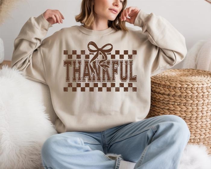 Thankful Brown Checkered - Fall Crew Neck Sweatshirt, Retro Autumn Bow Top, Cozy Thanksgiving Graphic Shirt, Neutral Plaid Fall Outfit