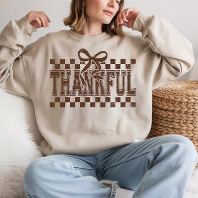 Thankful Brown Checkered - Fall Crew Neck Sweatshirt, Retro Autumn Bow Top, Cozy Thanksgiving Graphic Shirt, Neutral Plaid Fall Outfit