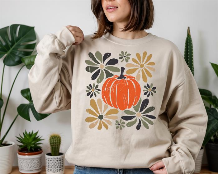 Boho Floral Pumpkin Fall Green - Retro Crew Neck Sweatshirt, Neutral Autumn Daisy Top, Cozy Harvest Shirt, Cute Thanksgiving Outfit for Women