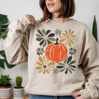 Boho Floral Pumpkin Fall Green - Retro Crew Neck Sweatshirt, Neutral Autumn Daisy Top, Cozy Harvest Shirt, Cute Thanksgiving Outfit for Women