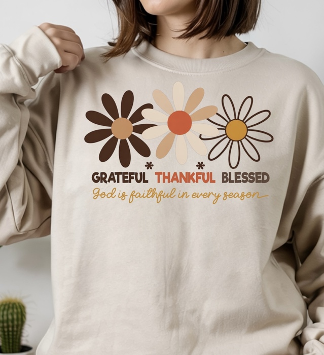 Grateful Thankful Blessed God is Faithful - Christian Fall Crew Neck Sweatshirt, Inspirational Faith Top, Floral Autumn Shirt, Bible Verse Gift