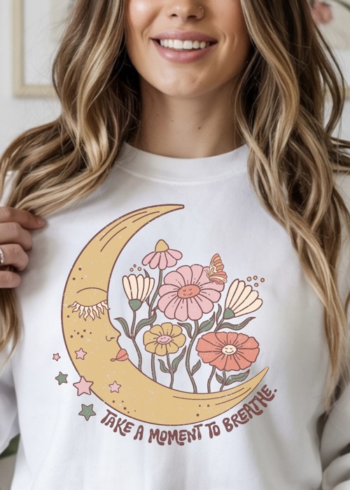 Take a Moment to Breathe - Boho Moon and Flowers Crew Neck Sweatshirt, Mindful Graphic Top, Positive Affirmation Shirt, Self Care Gift for Women