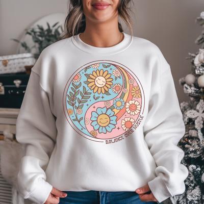 Balance Over Hustle - Retro Flower Power Yin Yang Crew Neck Sweatshirt, Positive Vibes Graphic Top, Boho Motivational Shirt, Self Care Gift for Women