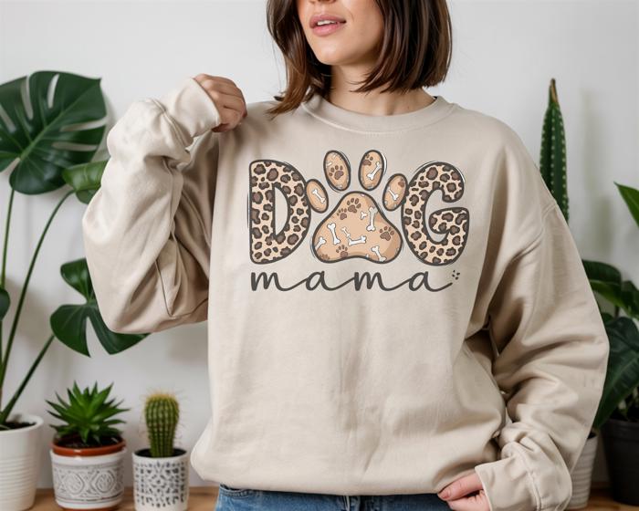 Leopard Dog Mama Crewneck Sweatshirt – Cozy Animal Print Dog Lover Pullover, Cute Pet Mom Gift, Trendy Fall and Winter Top