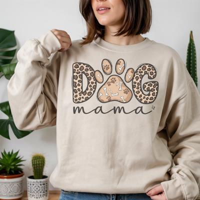 Leopard Dog Mama Crewneck Sweatshirt – Cozy Animal Print Dog Lover Pullover, Cute Pet Mom Gift, Trendy Fall and Winter Top