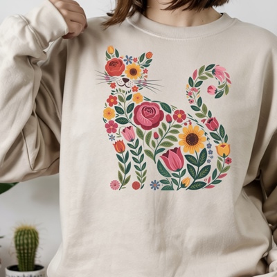 Floral Folk Cat Crewneck Sweatshirt – Boho Vintage Cat Lover Pullover, Whimsical Retro Floral Top, Cute Gift for Pet Moms