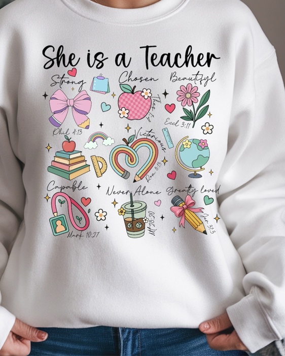 She is a Teacher Doodles Crewneck Sweatshirt – Cute Boho Teacher Pullover, Back to School Gift, Inspirational Educator Graphic Top