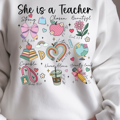 She is a Teacher Doodles Crewneck Sweatshirt – Cute Boho Teacher Pullover, Back to School Gift, Inspirational Educator Graphic Top