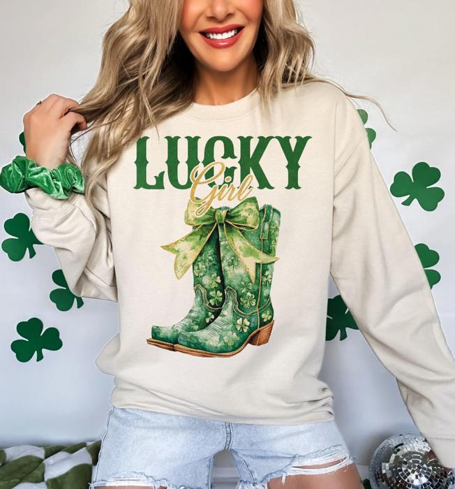 Lucky Girl Cowboy Boots Crew Sweatshirt