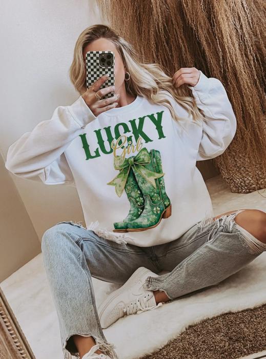 Lucky Girl Cowboy Boots Crew Sweatshirt