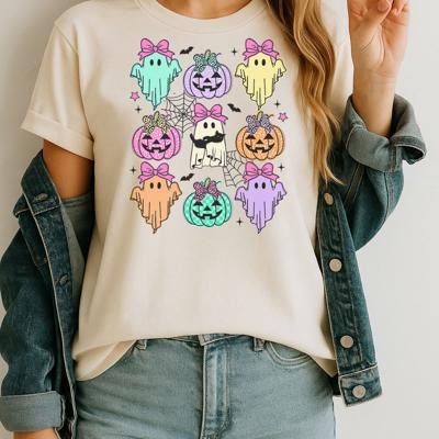 Preppy Ghost Coquette Bow Tee - Cute Pastel Halloween Shirt with Bows & Jack O’Lanterns