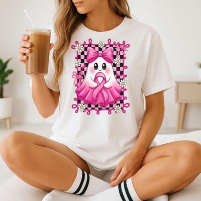 Preppy Pink Ghost Breast Cancer - Cute Checkered Ribbon Graphic Shirt