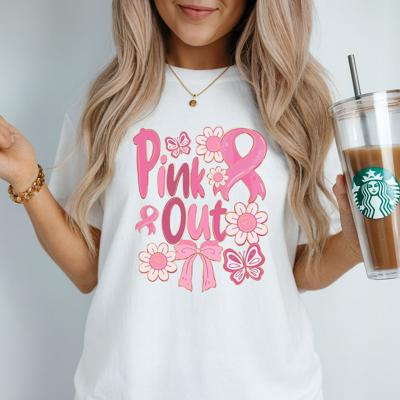 Pink Out Breast Cancer Awareness T-Shirt -  Support Ribbon Graphic Tee with Flowers & Butterflies