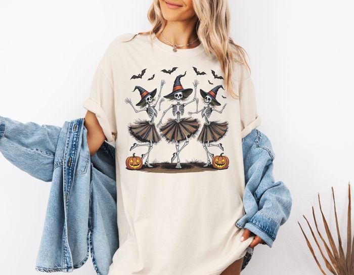 Dancing Skeletons Halloween Graphic Tee – Cute Witchy Spooky Pumpkin T-Shirt