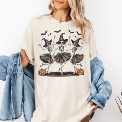Dancing Skeletons Halloween Graphic Tee – Cute Witchy Spooky Pumpkin T-Shirt
