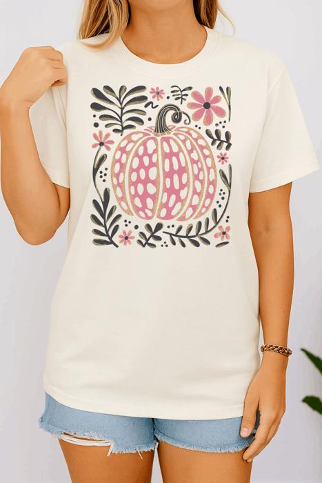 Boho Floral Pink Pumpkin Graphic Tee – Cute Fall Autumn Harvest Thanksgiving T-Shirt”