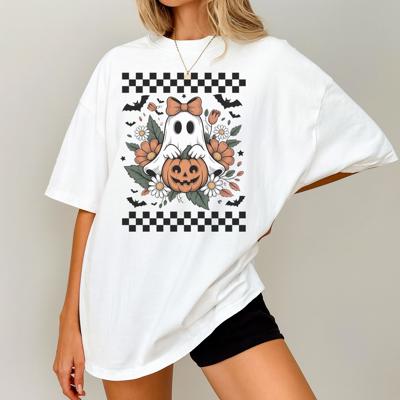 Fall Floral Ghost Checkered Halloween Graphic Tee – Cute Spooky Pumpkin Autumn T-ShirtGhost Checkered