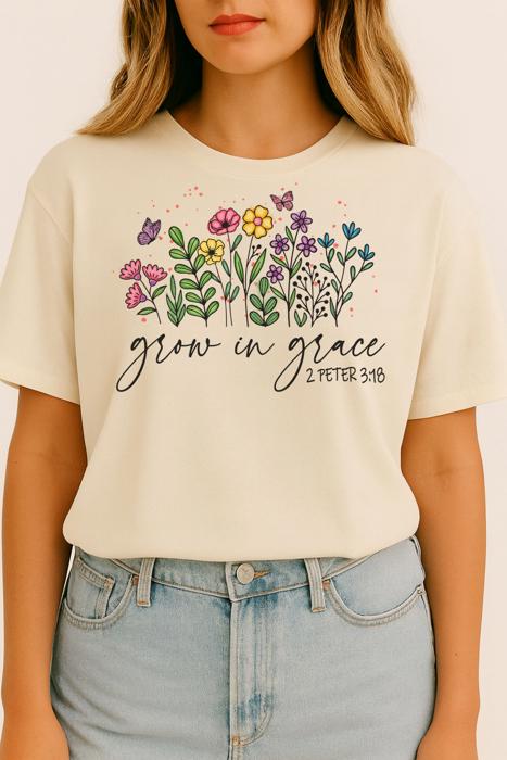 Grow in Grace Christian Graphic Tee – 2 Peter 3:18 Bible Verse Shirt, Floral Faith T-Shirt for Women