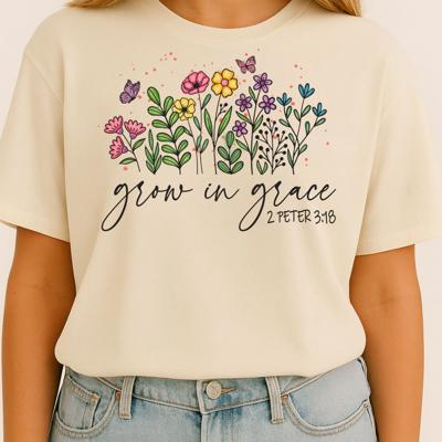 Grow in Grace Christian Graphic Tee – 2 Peter 3:18 Bible Verse Shirt, Floral Faith T-Shirt for Women