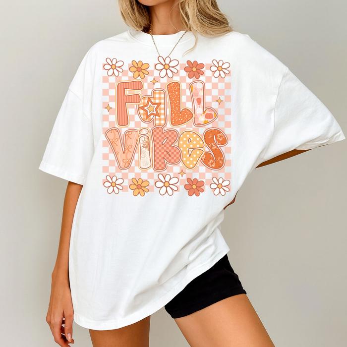 Retro Fall Vibes Checkered Tee Groovy Graphic Shirt with Flowers Gingham Style Tshirt
