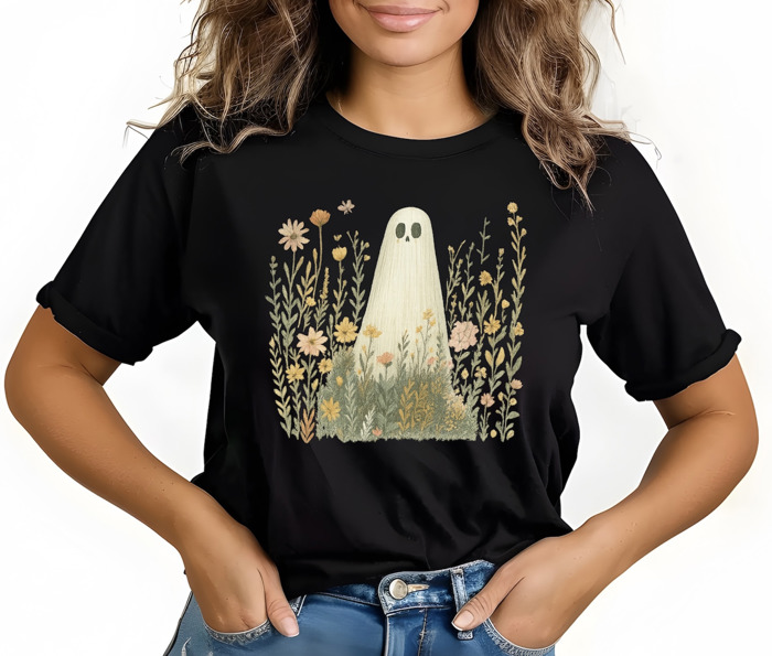 Ghost in Flower Field- Cute Halloween T-Shirt Spooky Floral Ghost Graphic Tee Fall Aesthetic Top Trendy Autumn Outfit for Women