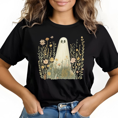 Ghost in Flower Field- Cute Halloween T-Shirt Spooky Floral Ghost Graphic Tee Fall Aesthetic Top Trendy Autumn Outfit for Women