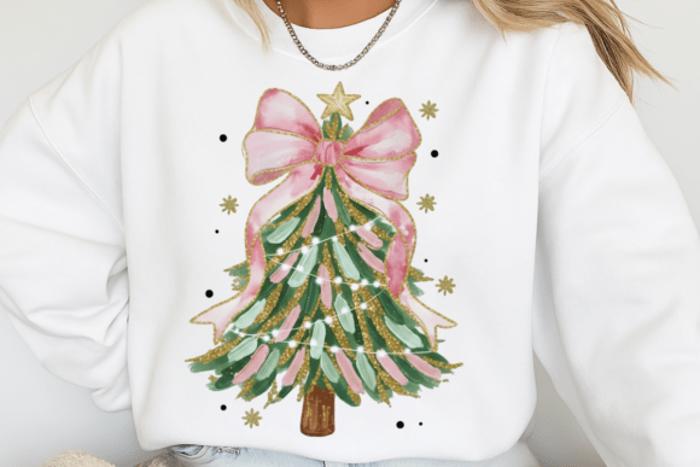 Hand Painted Coquette Christmas Tree - Artistic Holiday Crew Neck Sweatshirt, Pink Bow Festive Top, Whimsical Winter Graphic, Girly Christmas Gift