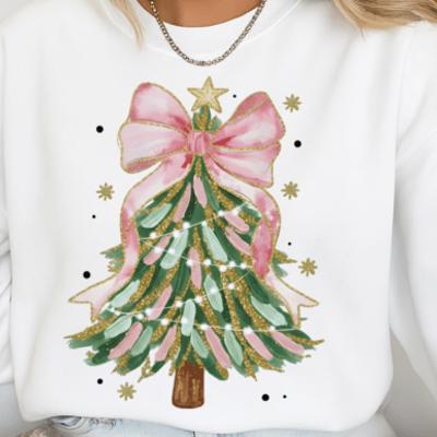 Hand Painted Coquette Christmas Tree - Artistic Holiday Crew Neck Sweatshirt, Pink Bow Festive Top, Whimsical Winter Graphic, Girly Christmas Gift