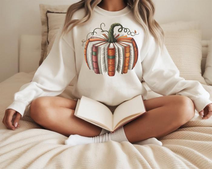 Fall Book Halloween Teacher - Pumpkin Made of Books Crew Neck Sweatshirt, Autumn Reading Lover Top, Cozy Classroom Outfit, Bookworm Fall Gift