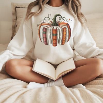 Fall Book Halloween Teacher - Pumpkin Made of Books Crew Neck Sweatshirt, Autumn Reading Lover Top, Cozy Classroom Outfit, Bookworm Fall Gift