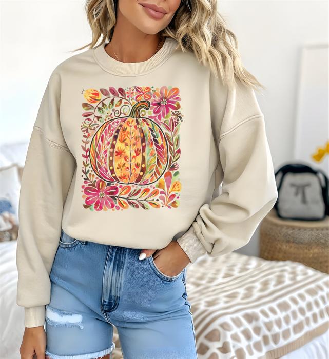 Fall Floral Boho Pumpkin - Hand Painted Autumn Crew Neck Sweatshirt, Colorful Retro Pumpkin Shirt, Cozy Fall Fashion Top, Thanksgiving Gift