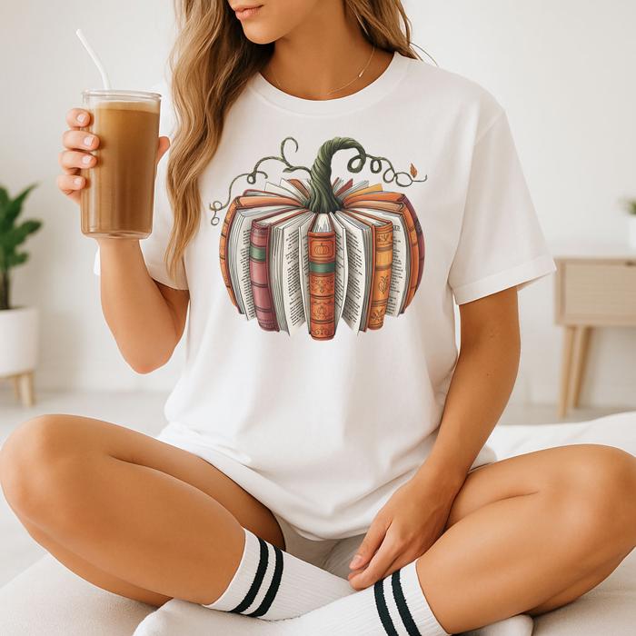 Fall Book Pumpkin Halloween Teacher Graphic Tee – Cute Autumn Reading Lover T-Shirt