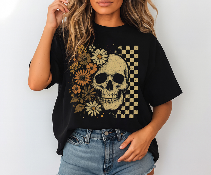 Vintage Skull Floral Graphic Tee Retro Grunge Checkered Shirt Spooky Gothic Halloween Top Boho Rocker Aesthetic T-Shirt