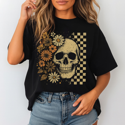 Vintage Skull Floral Graphic Tee Retro Grunge Checkered Shirt Spooky Gothic Halloween Top Boho Rocker Aesthetic T-Shirt
