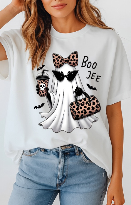 Halloween Boo Jee Ghost- Cute Spooky Graphic Tee Leopard Print Ghost Shirt Trendy Fall Aesthetic Top Funny Halloween T-Shirt for Women