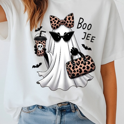 Halloween Boo Jee Ghost- Cute Spooky Graphic Tee Leopard Print Ghost Shirt Trendy Fall Aesthetic Top Funny Halloween T-Shirt for Women