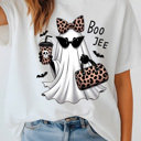  Halloween Boo Jee Ghost- Cute Spooky Graphic Tee Leopard Print Ghost Shirt Trendy Fall Aesthetic Top Funny Halloween T-Shirt for Women