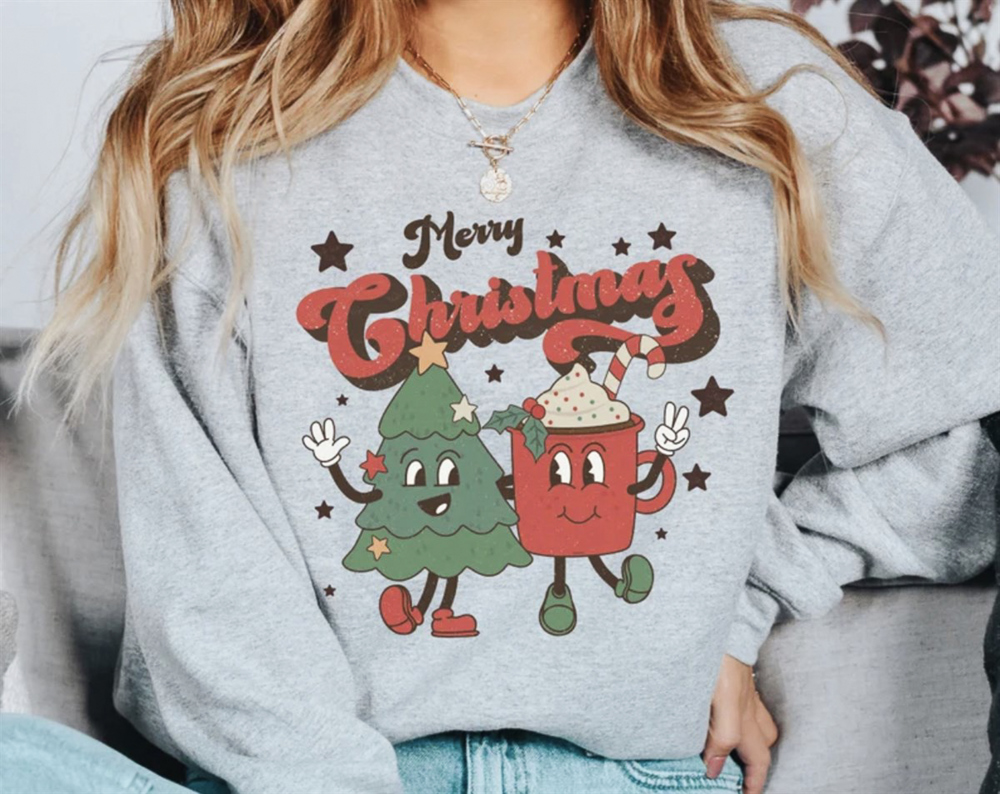 Merry Christmas Christmas Tree & Cocoa Cartoons Crew Sweatshirt